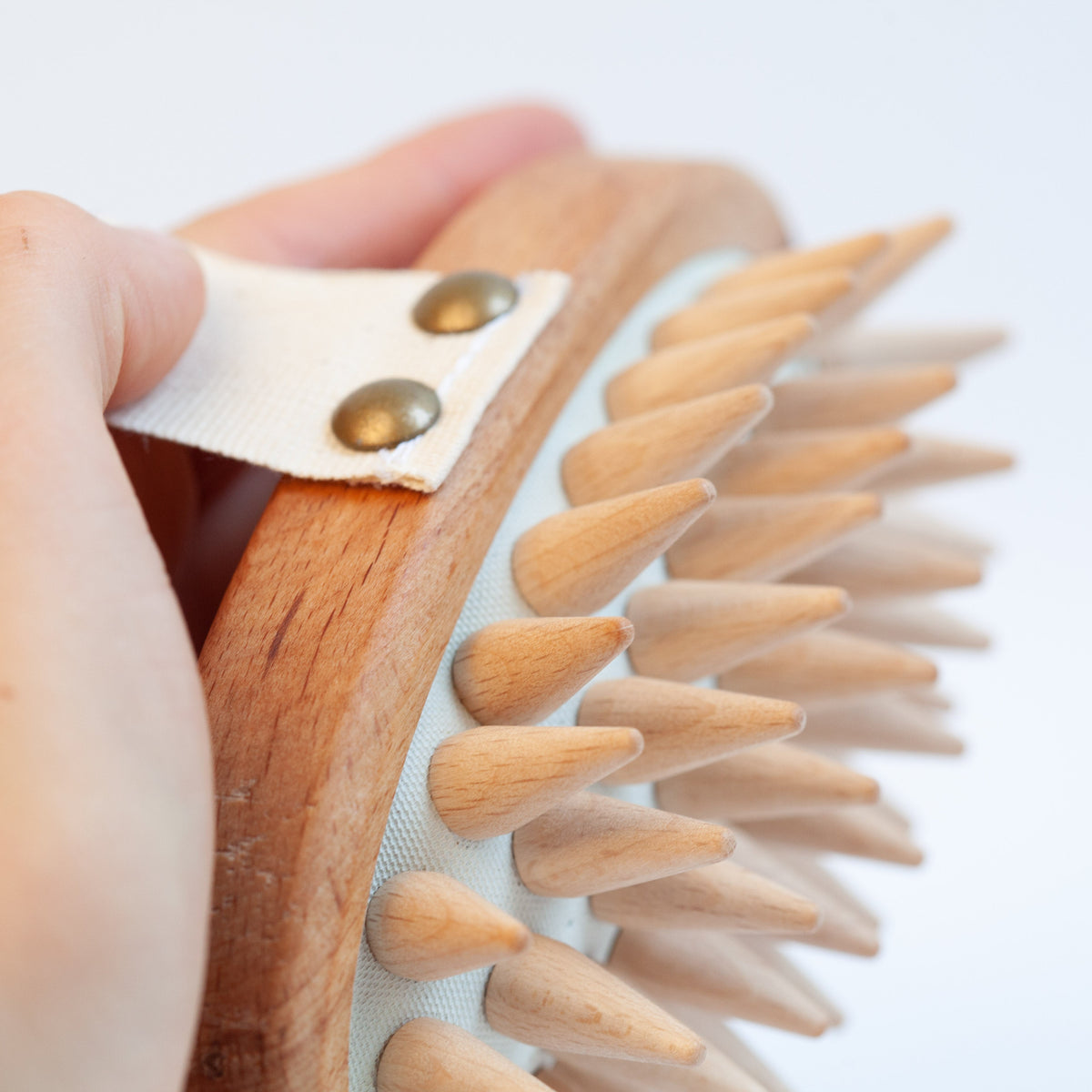 A close-up of a hand holding a wooden grooming brush with natural wood bristles and a white fabric strap with brass rivets, against a plain white background.