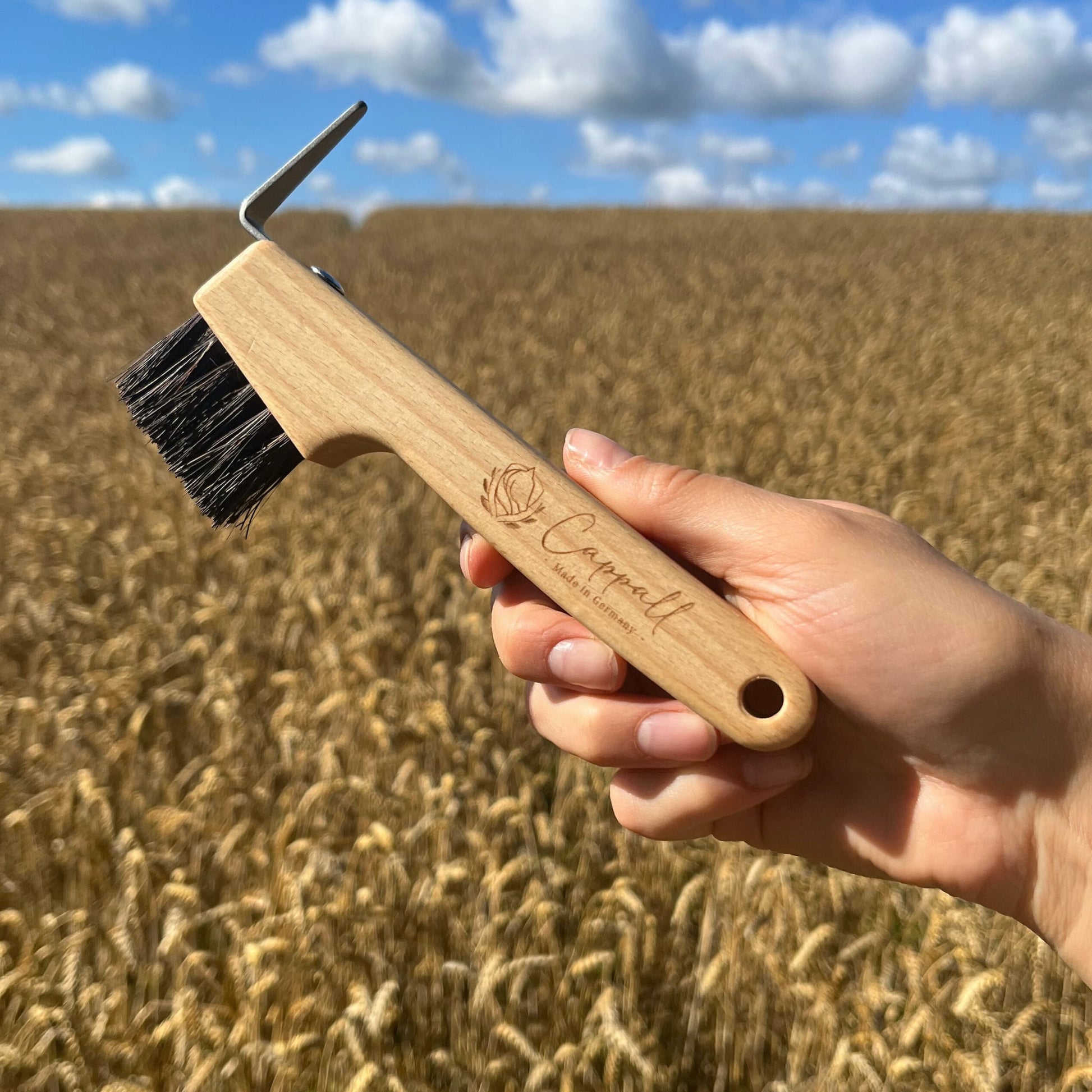 Detailaufnahme eines Hufkratzers aus Holz mit erkennbarer Holzmaserung, Borsten, Edelstahlkratzer und Cappall-Logo, gehalten vor einem Naturhintergrund mit Himmel, inklusive Loch am Griff zum Aufhängen.