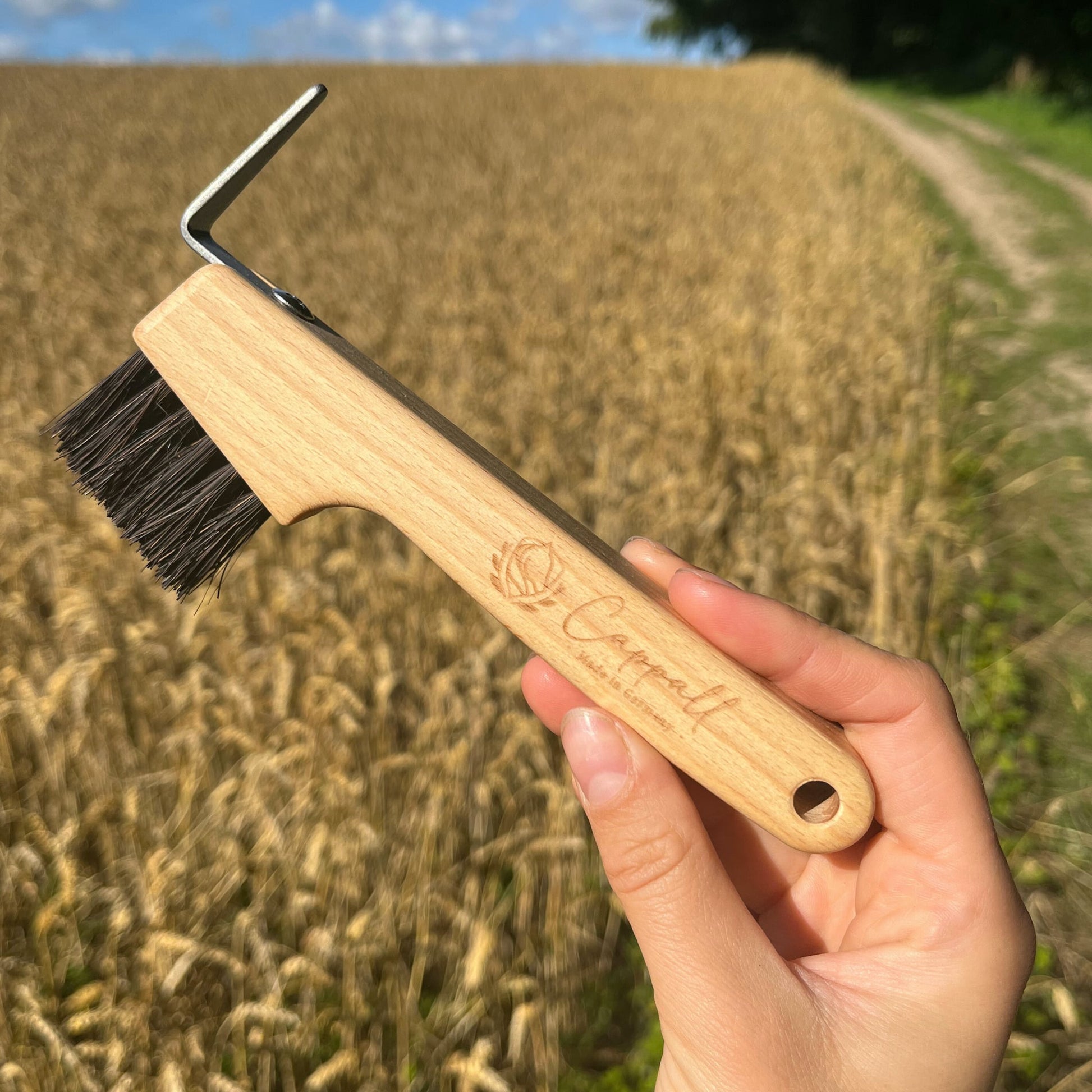 Holz Hufkratzer aus dem Pferdebürsten Set, gehalten vor grünem natürlichen Hintergrund – langlebig und effektiv.