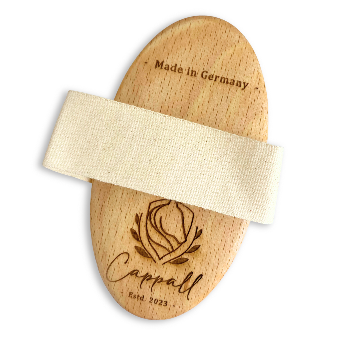 Wooden massagebrush for horses with a natural band, featuring 'Made in Germany' and 'Cappall' branding.